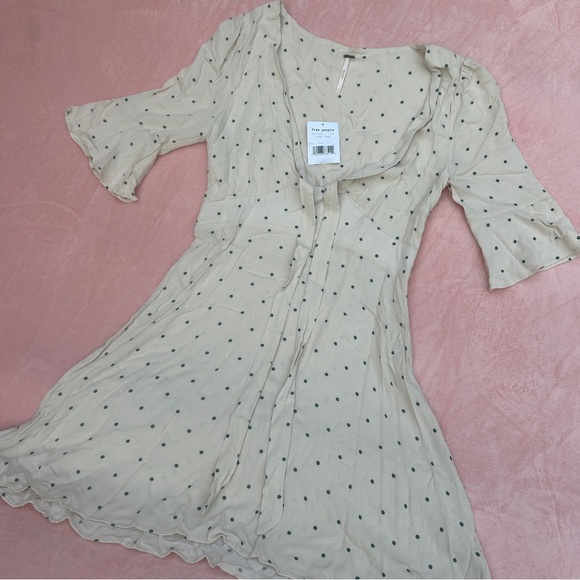 Free People Polka Dot Summer Dress Prairie Aesthetic 2 Cream Combo Tied Flowy - Picture 1 of 7